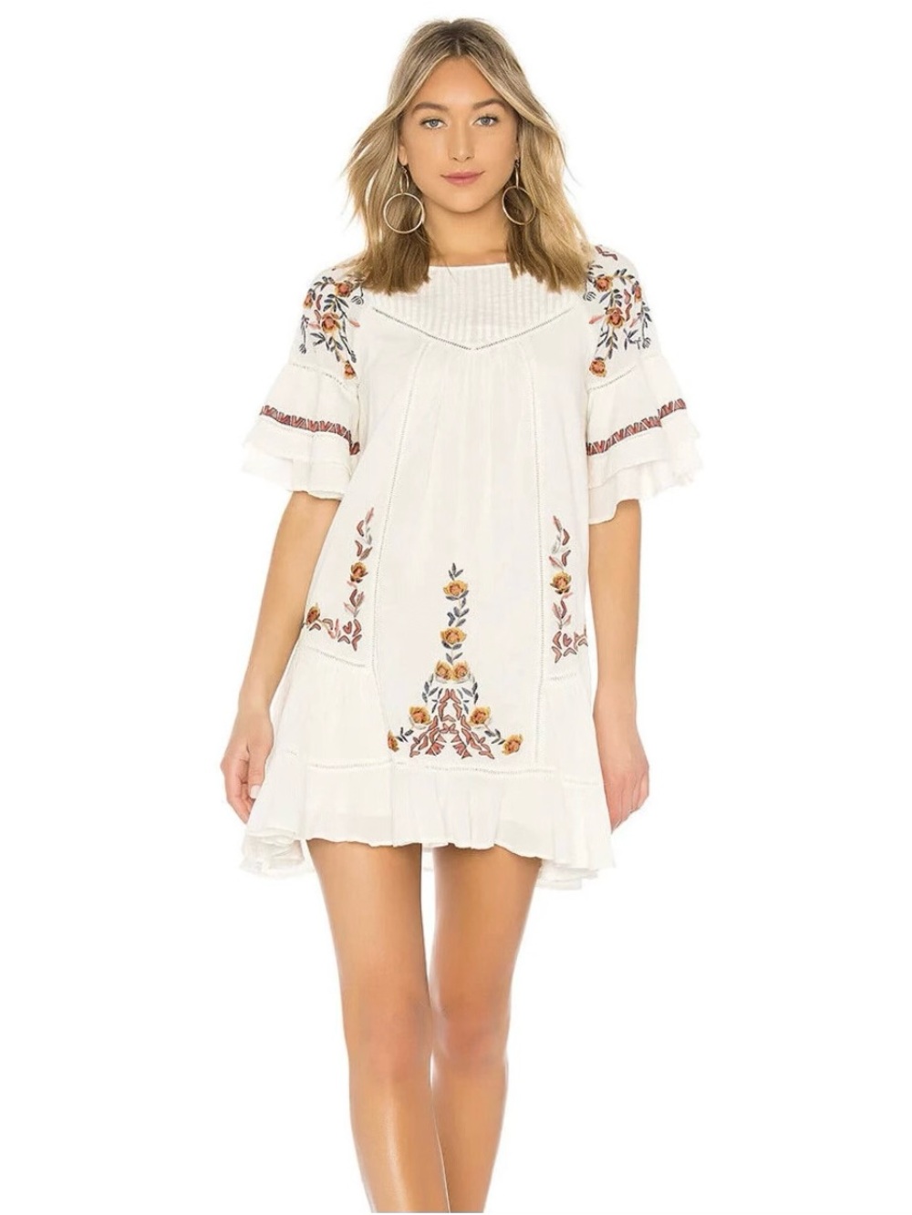Free People White Mini Dress with Floral Embroidery